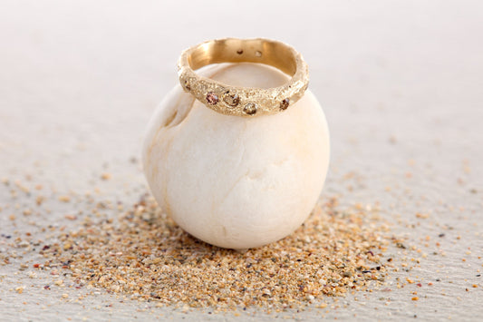 Bespoke heavyweight gold promise ring with organic texture and earth toned diamonds, handmade in Devon