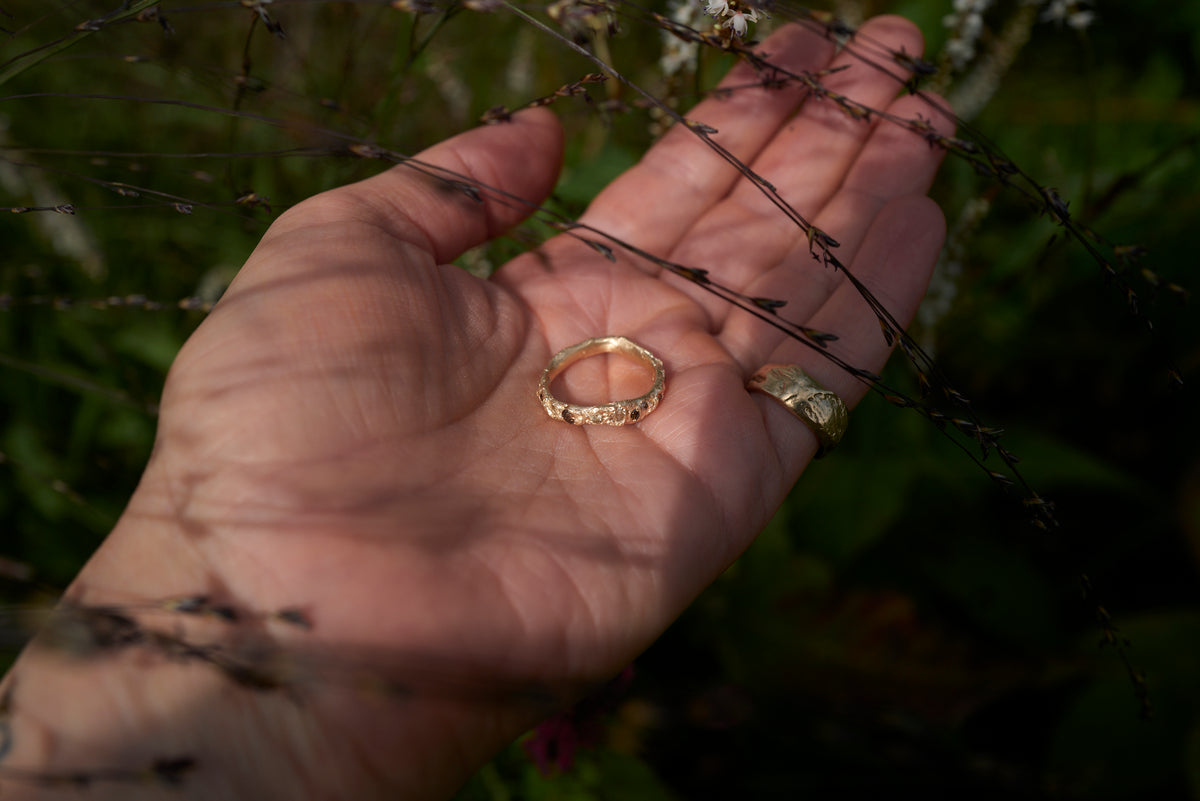One of a kind sculptural wedding ring, handmade with organic textured inspired by the coastal landscape of Devon and Cornwall