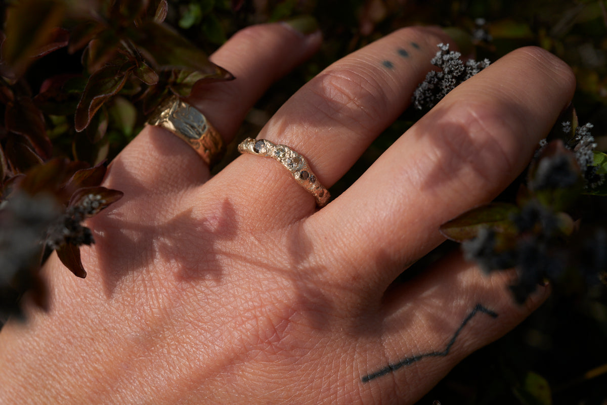 Sculptural handmade wedding ring with organic texture, bespoke one of a kind design Devon