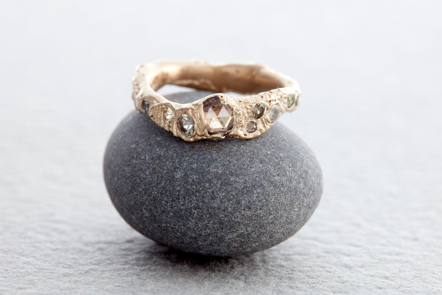 Handcrafted ethical gold champagne diamond engagement ring from Cornwall and Devon.