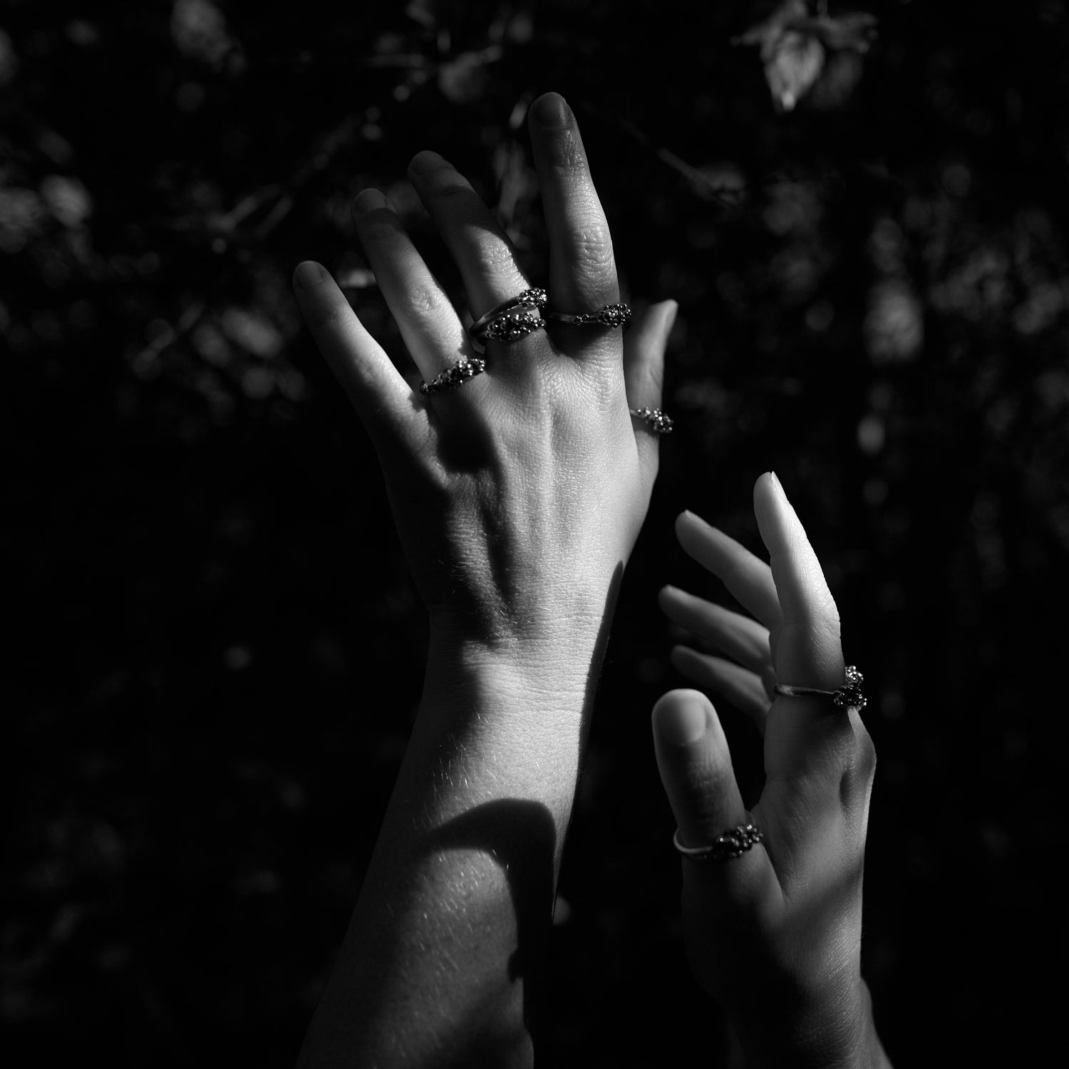 Black and white image of hands holding a collection of organic bespoke rings featuring textured gold and gemstones, showcasing sculptural handmade jewellery.

